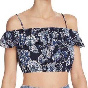 EUC Aqua off the shoulder, navy blue floral ruffled crop top